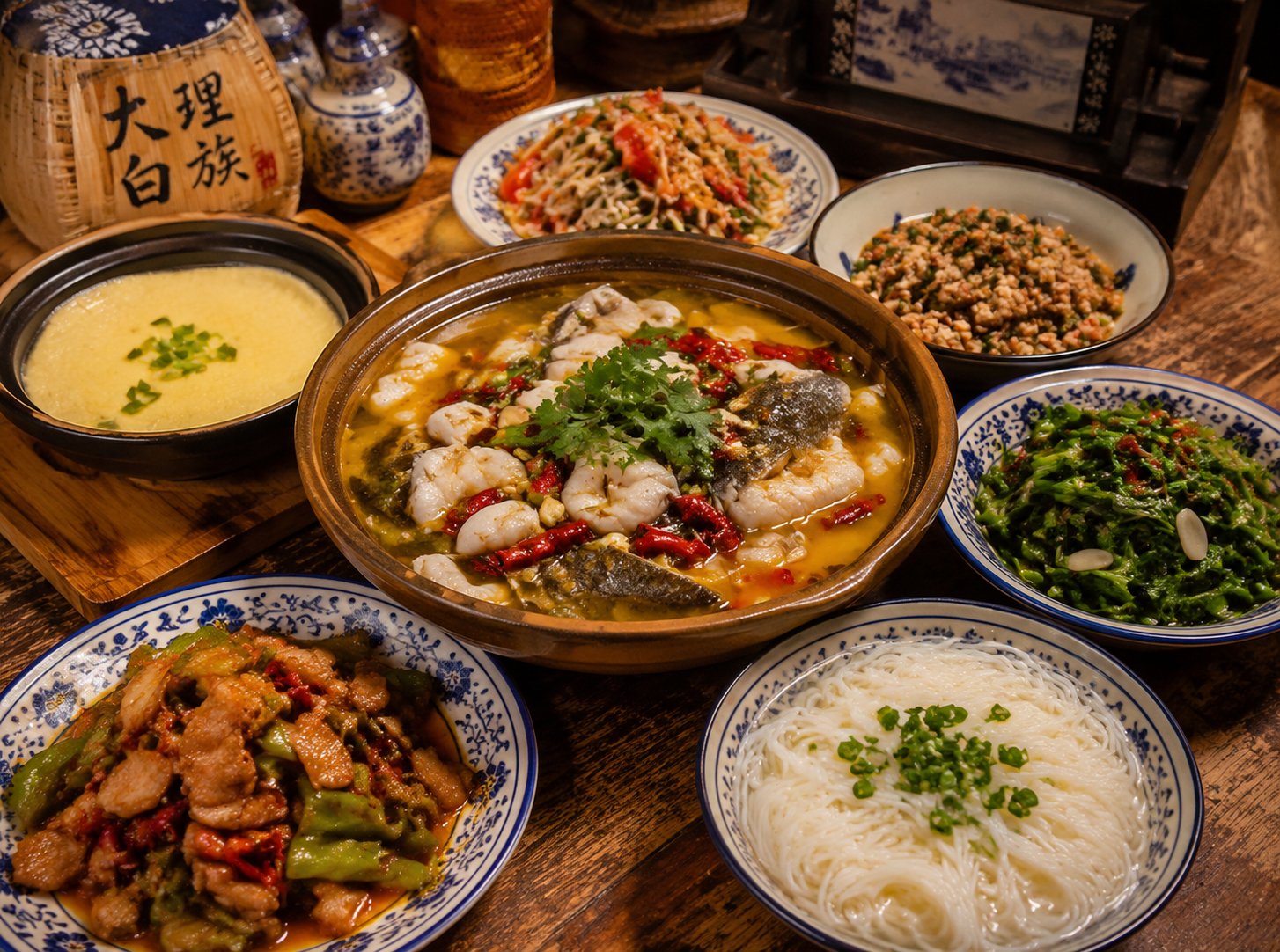 白族家宴·酸菜鱼+蒸蛋+炒饵块+米线一桌菜