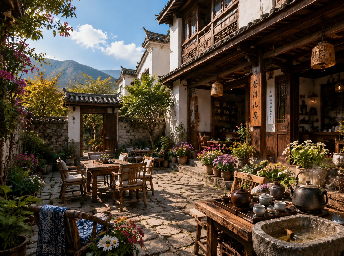 怡玥居庭院全景·白族建筑+苍山远眺+茶席